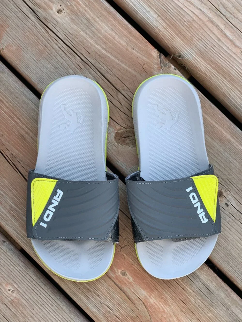 And1 Kids Slides Sandals Youth 2/3 Gray Yellow Slip On Adjustable Athletic Shoes